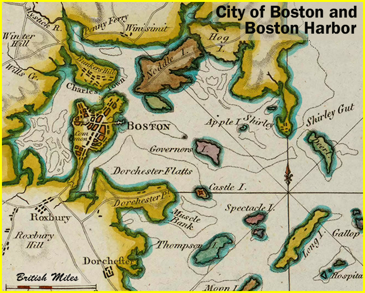 A map, circa 1700s, showing Boston and Boston Harbor