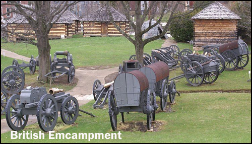 Modern recreation of British encampment with cannons and various wagons